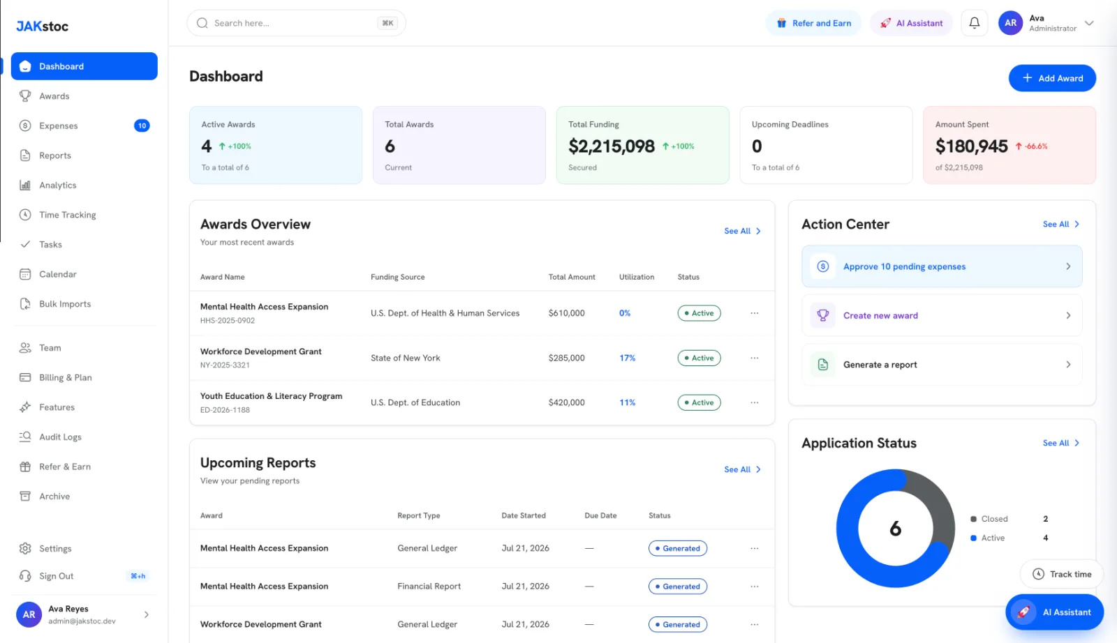 The JAKstoc award & grant management dashboard